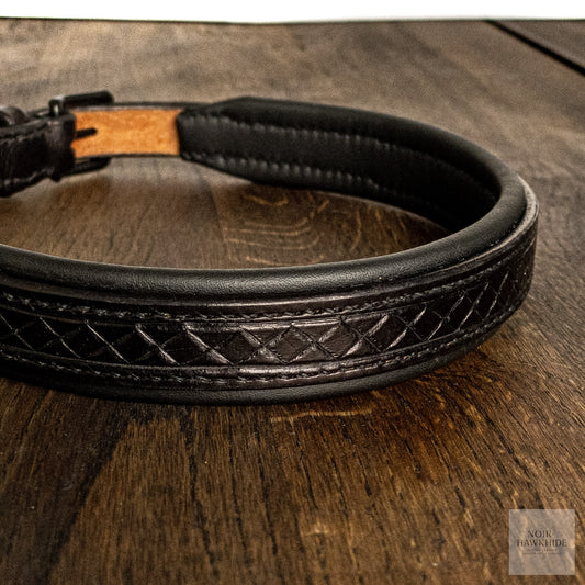 Handmade leather dog collar with geometric Nordic pattern - top view