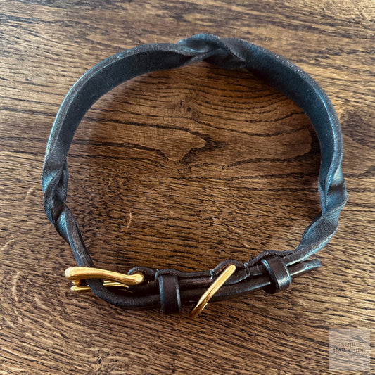 handmade twistet leather dog collar with solid brass hardware - noir hawkhide