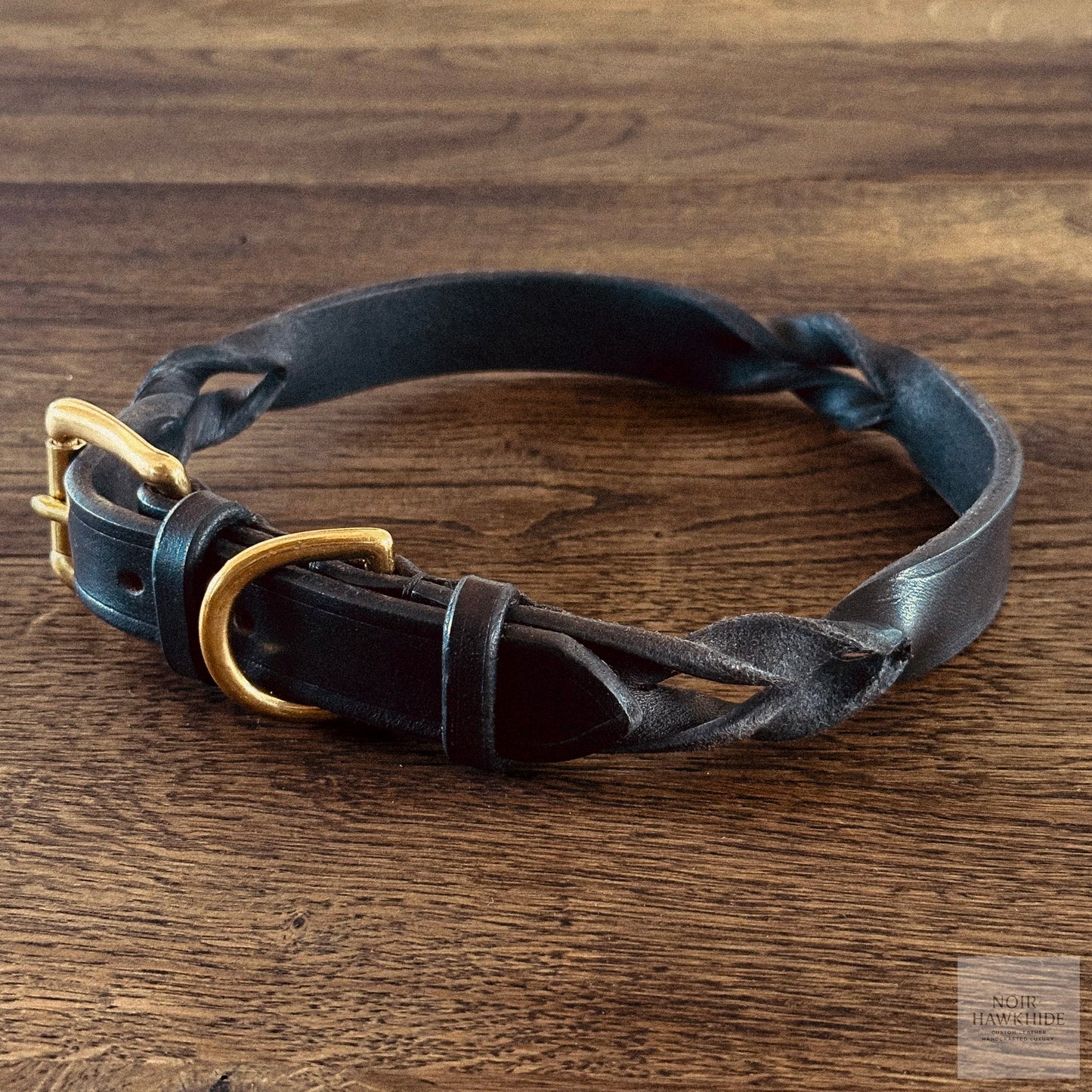 handmade twistet leather dog collar with solid brass hardware - noir hawkhide