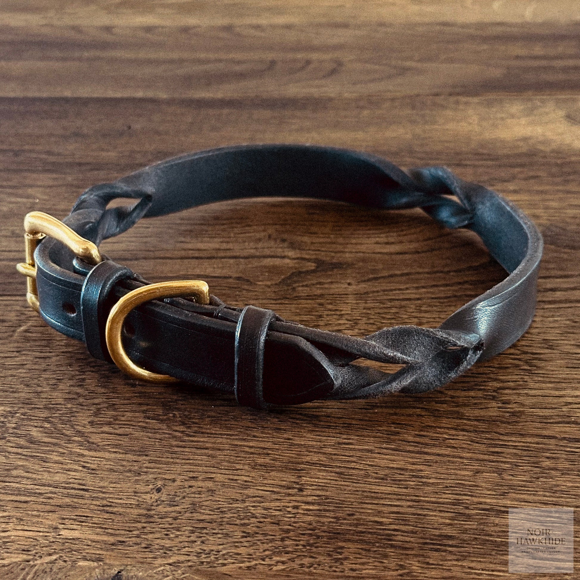 handmade twistet leather dog collar with solid brass hardware - noir hawkhide