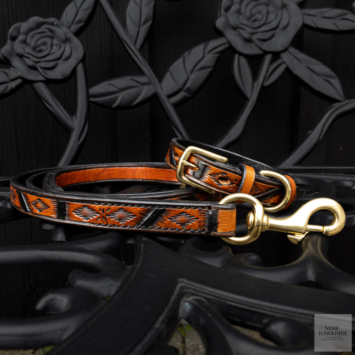 Handmade leather dog collar and leash set in Spanish Brown with Western geometric tooling and solid brass snap, buckle and D-ring