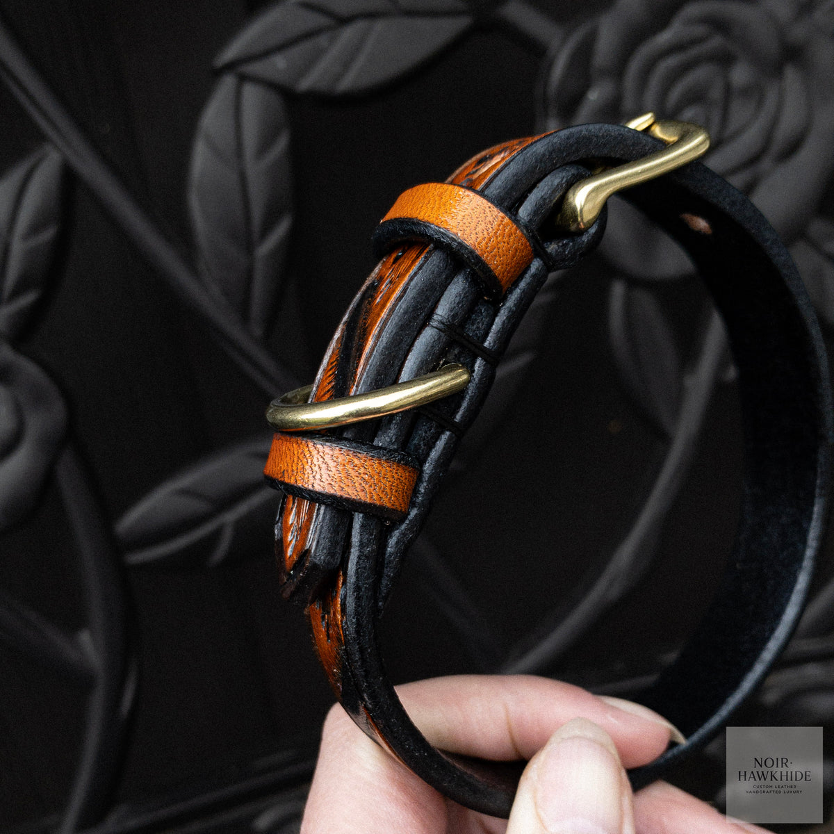 Handmade leather dog collar in Spanish Brown with black details, solid brass D-ring and buckle