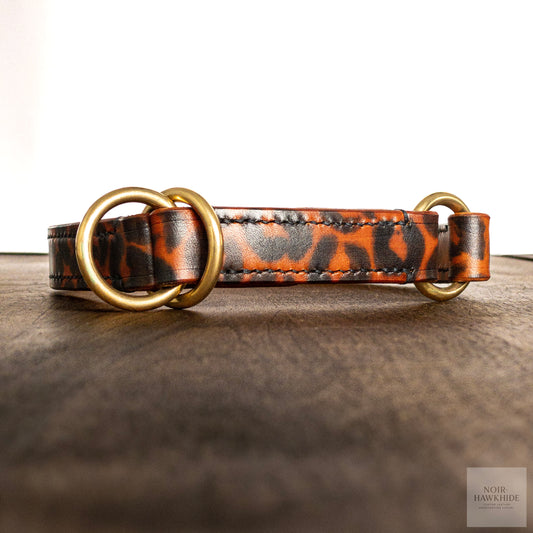 Handmade leopard leather dog collar with brass hardware – Noir Hawkhide