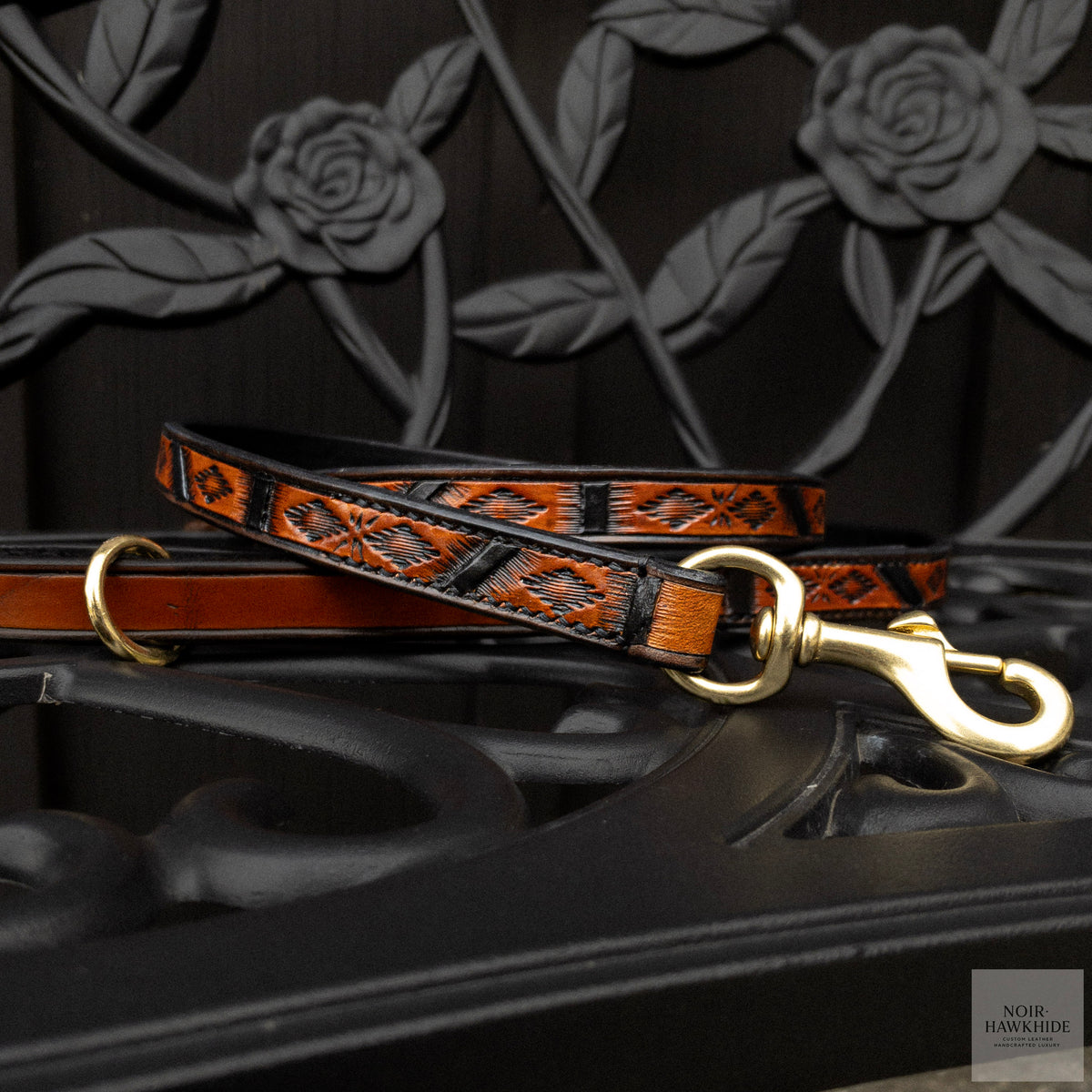 Handmade Spanish Brown leather dog leash with Western geometric hand tooling, black details and solid brass snap