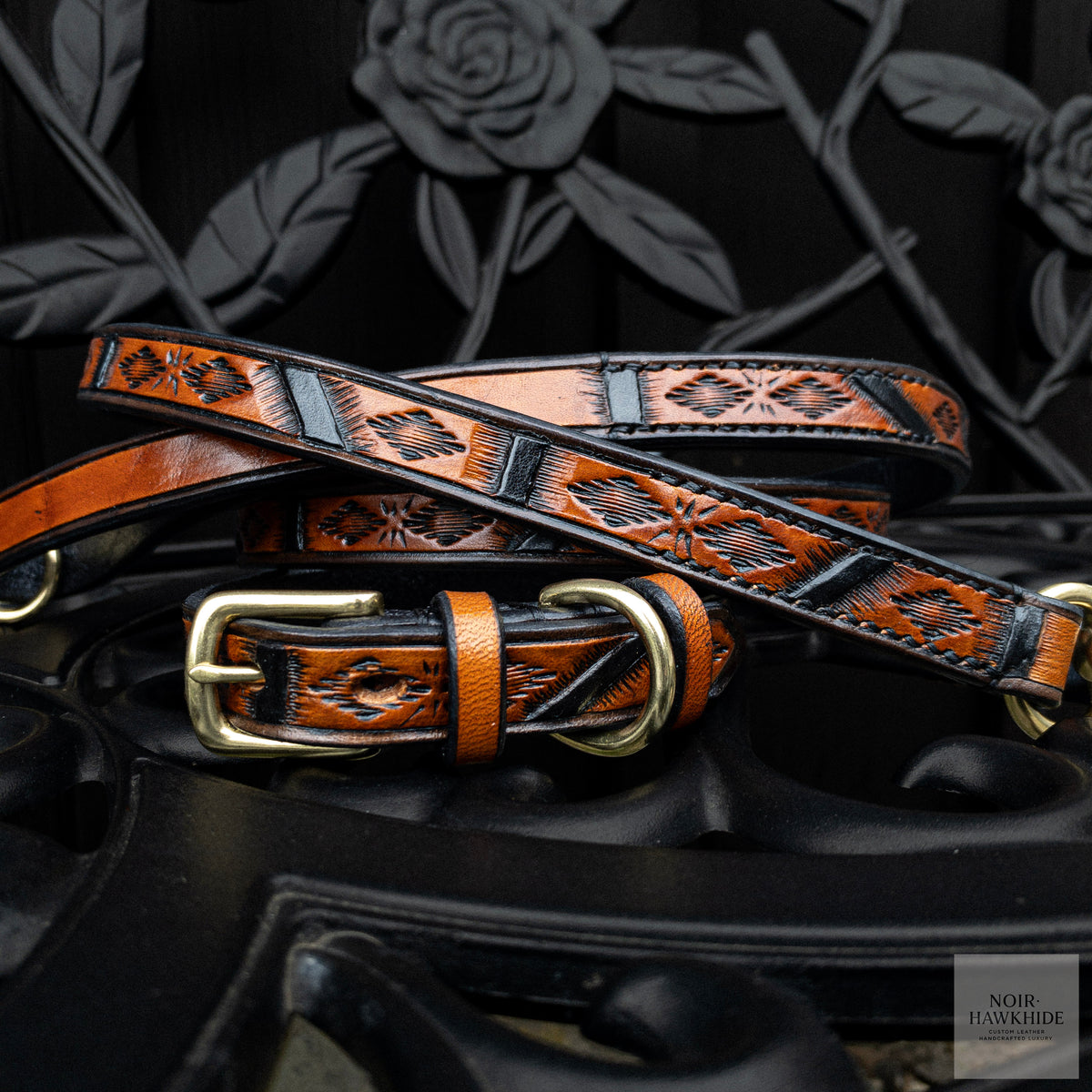 Handmade Western leather dog collar and leash set in Spanish Brown with geometric hand tooling and solid brass hardware