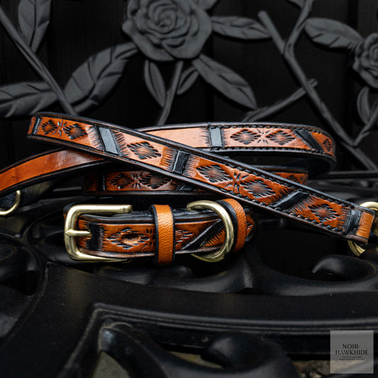 Handmade Western leather dog collar and leash set in Spanish Brown with geometric hand tooling and solid brass hardware