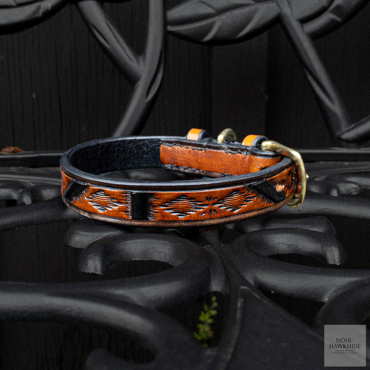 Handmade Western leather dog collar in Spanish Brown with geometric hand tooling, black details and solid brass hardware