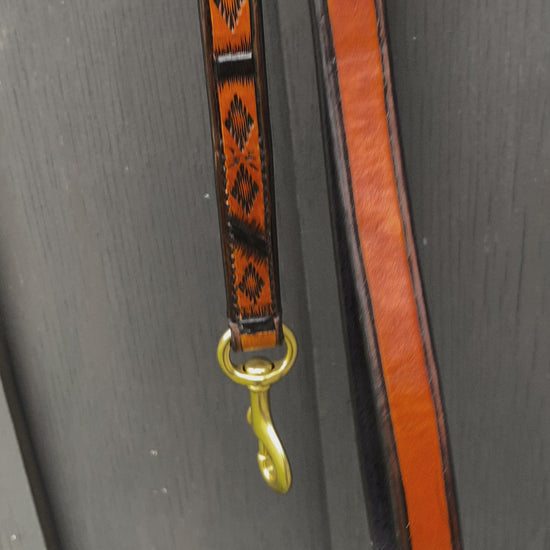 Handmade Western Geometric leather dog leash in Spanish Brown with hand-tooled details, black accents and solid brass hardware
