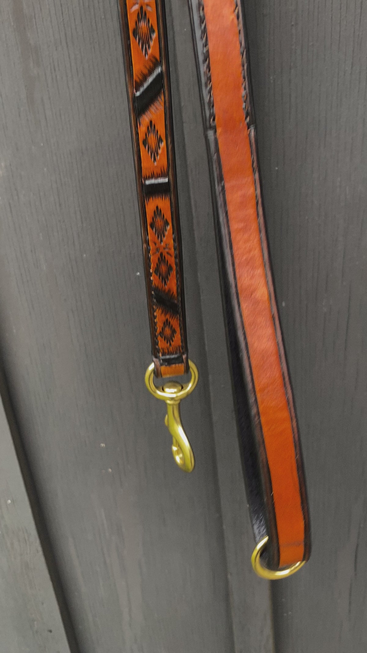 Handmade Western Geometric leather dog leash in Spanish Brown with hand-tooled details, black accents and solid brass hardware