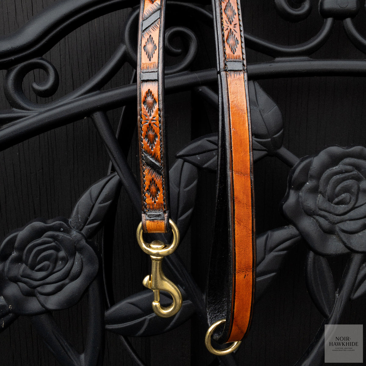 Handmade Spanish Brown leather dog leash with Western geometric hand tooling, black edges and solid brass snap and O-ring
