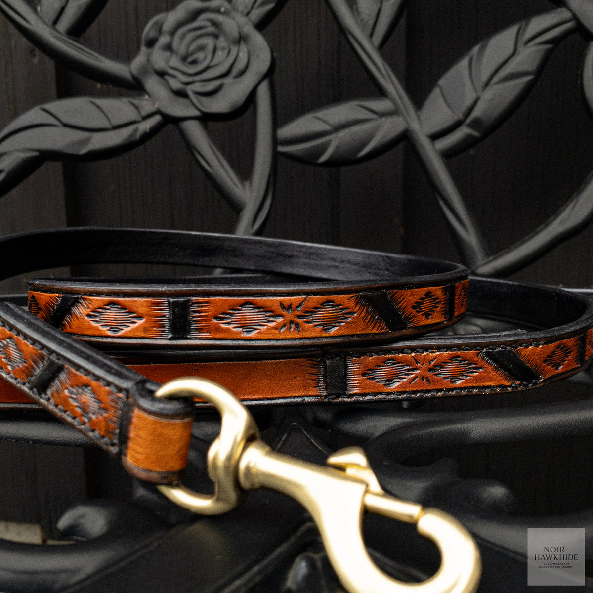 Handmade Spanish Brown leather dog leash with Western geometric hand tooling, black details and solid brass snap