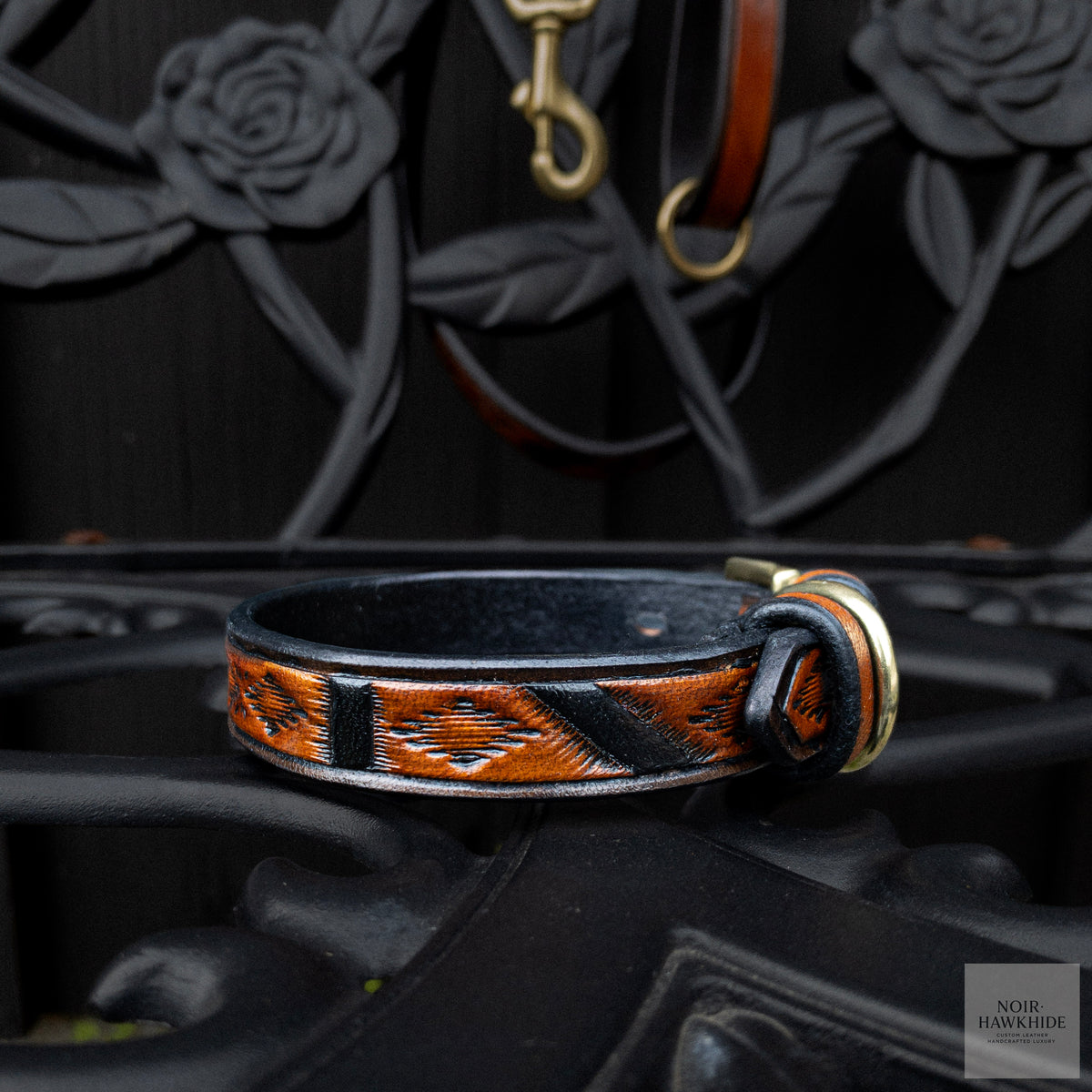 Hand-tooled Western leather dog collar in Spanish Brown with geometric pattern, black accents and solid brass hardware