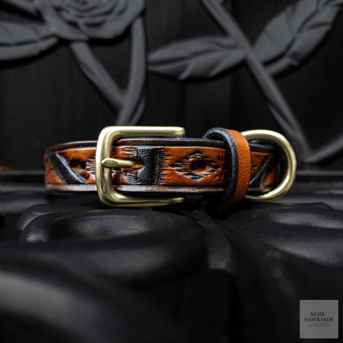 Hand-tooled Western Geometric leather dog collar in Spanish Brown with black details and solid brass hardware