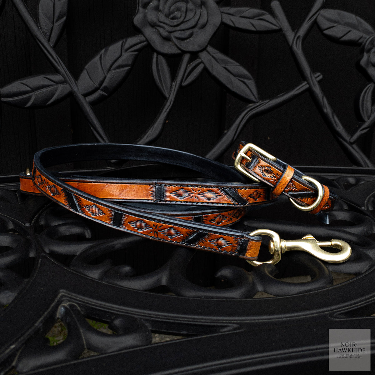 Western Geometric handmade leather dog collar and leash set in Spanish Brown with hand-tooled details and solid brass hardware