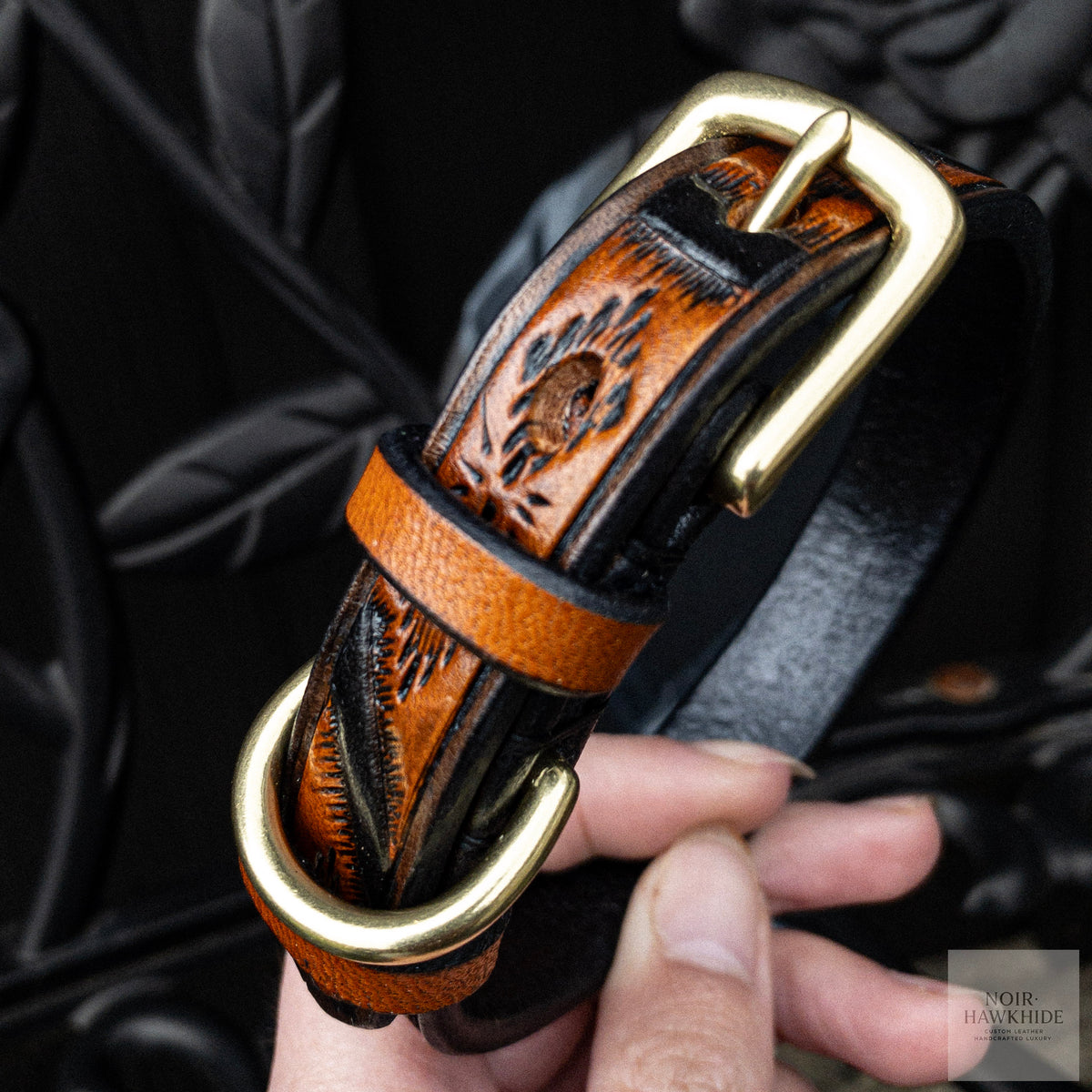 Close-up of handmade Western Geometric leather dog collar in Spanish Brown with hand-tooled details and solid brass buckle