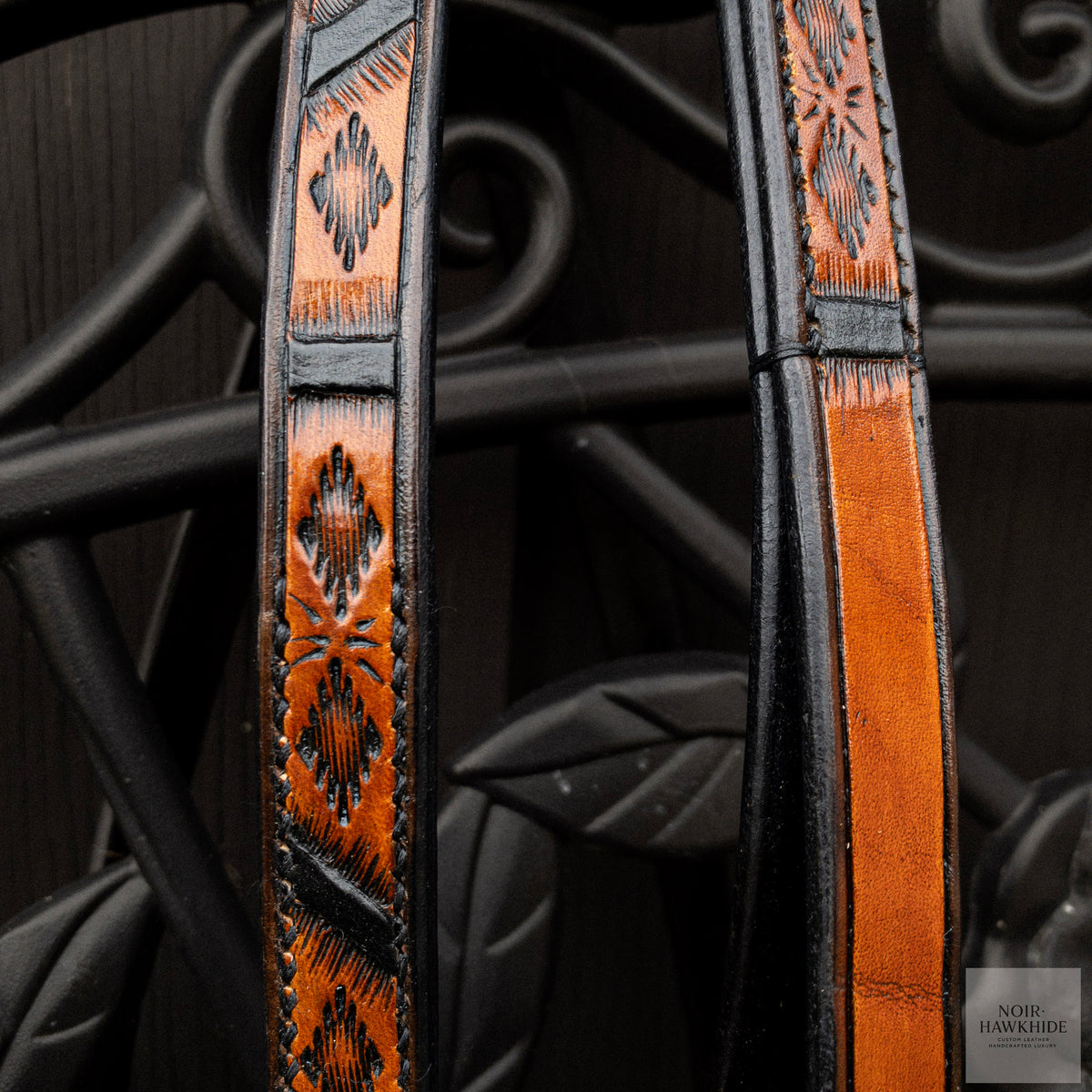 Detail of handmade Spanish Brown leather dog leash showing Western geometric hand tooling, black edges and hand-finished leather