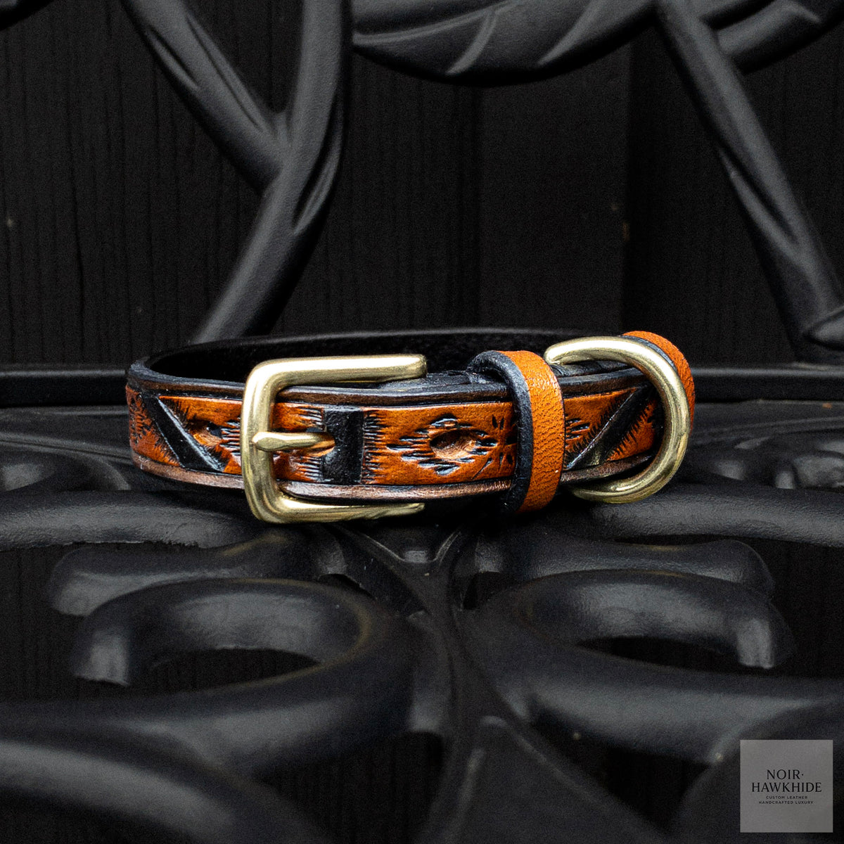 Western leather dog collar in Spanish Brown with hand-tooled geometric details, solid brass buckle and D-ring
