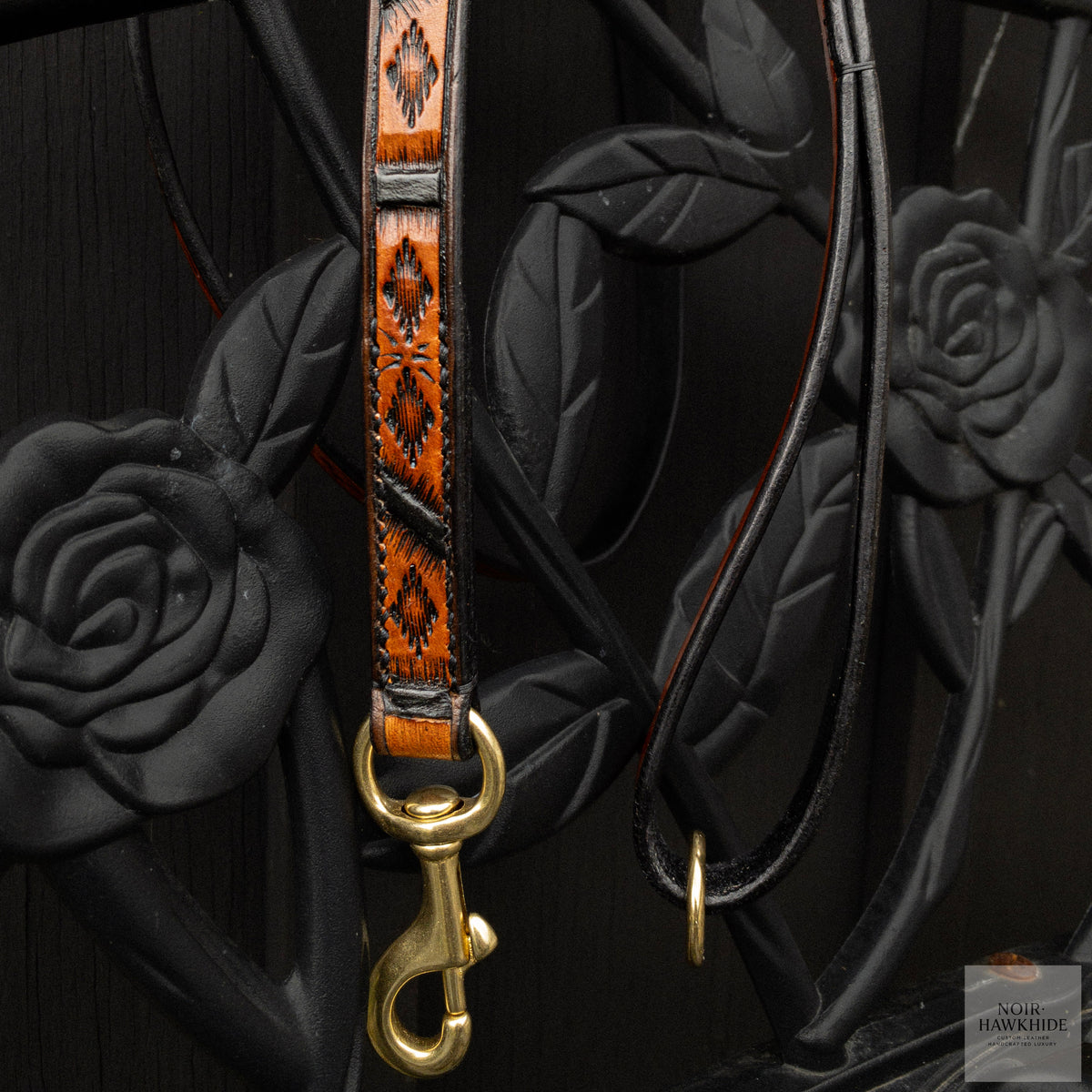 Handmade Spanish Brown leather dog leash with Western geometric hand tooling, black edges, solid brass snap and leather handle